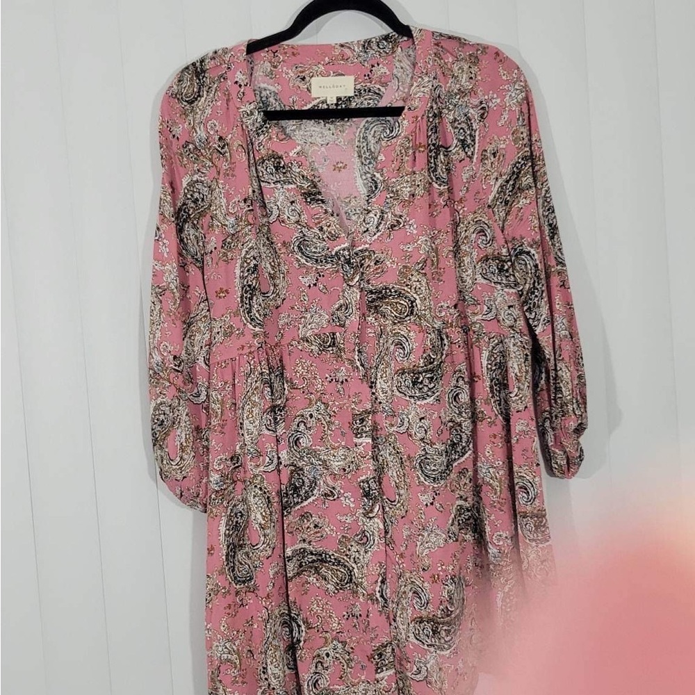 MELLODAY Paisley Print Rayon Tunic Blouse Shirt V Neck Long Sleeve Pink Medium